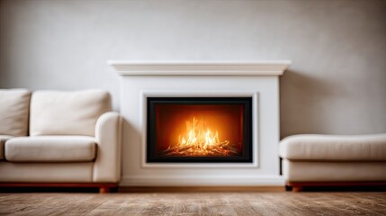 Fototapeta premium Fireplace creates warmth in a cozy living room with sofa in blurred background. Space offers room for text and design ideas