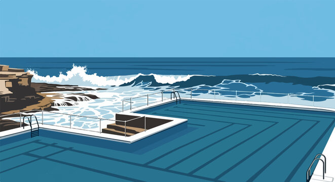 An outdoor ocean swimming pool by a rocky coast, with crashing waves under a clear blue sky, in pixel art style
