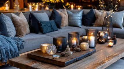 Fototapeta premium A living room features a sofa with a knitted blanket and pillows. A wooden table holds candles and plants during the daytime