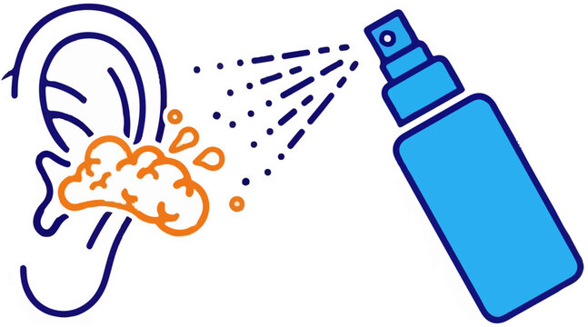 Illustration of an ear with earwax and a spray bottle cleaning it with droplets on a white background