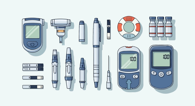 Pixel art collection of diabetes management tools blood glucose meters, lancets, test strips, and insulin vials
