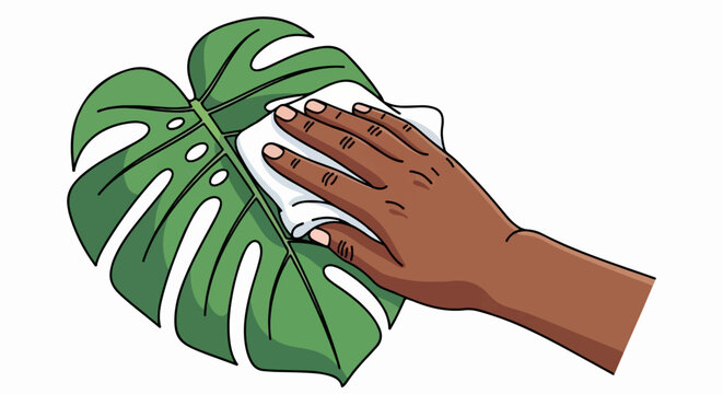 A hand with dark skin gently wipes a large, green tropical leaf with a white cloth on a white background