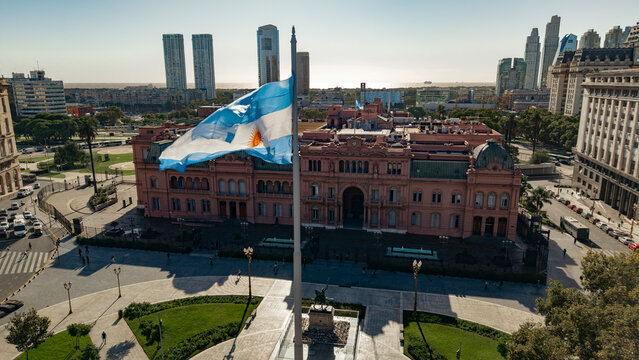 Aerial Drone View of Casa Rosada with Argentine Flag in Buenos Aires