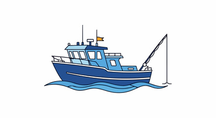 Naklejka premium A cartoon-style blue fishing boat with a fishing rod extended, sailing on stylized blue waves