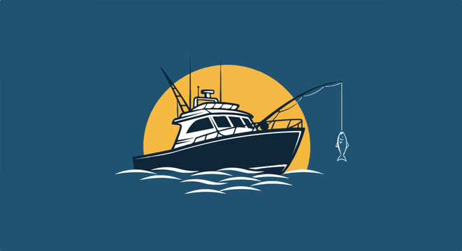 An illustration of a fishing boat on the ocean with a fish on a hook, set against a large yellow sun