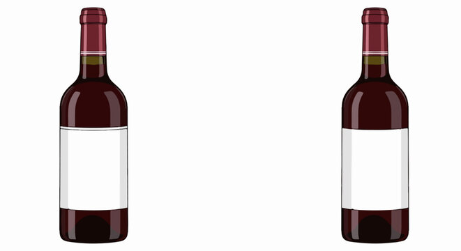 Two minimalist red wine bottles with blank white labels and red caps, on a plain white background