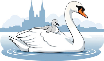 Fototapeta premium Illustration of a mother swan with a cygnet on its back, swimming on a lake with a city skyline