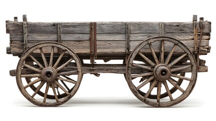 Fototapeta premium Antique Wooden Wagon with Large Spoked Wheels on White Background.