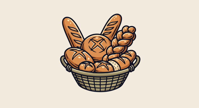 An illustration of a rustic basket brimming with an assortment of golden-brown, freshly baked bread