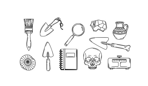 Archaeology excavation tools and ancient artifacts outline vector set isolated on white