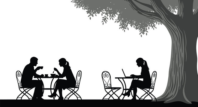 Silhouettes of couples dining and a woman working on a laptop sit beneath a large, textured tree canopy outdoors.