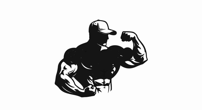 Black and white illustration of a strong, muscular man in a baseball cap flexing his bicep