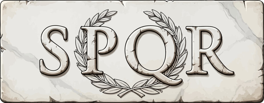 Ancient stone plaque featuring carved letters 'SPQR' surrounded by a laurel wreath, weathered texture