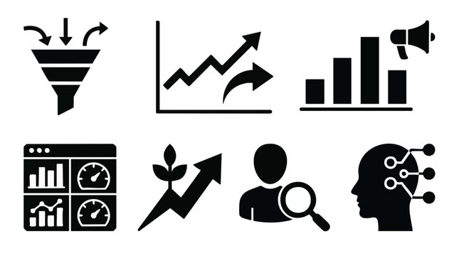 Set of 8 business icons vector, black on white background