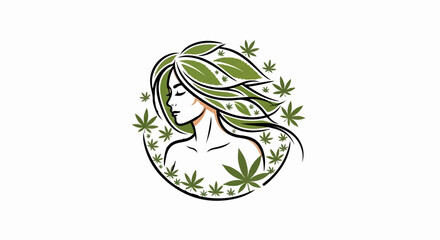 Obraz premium Stylized woman profile with flowing cannabis leaf hair, encircled by leaves on white background