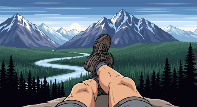 First-person pixel art view of legs and boots resting, overlooking a vast mountain landscape with a river