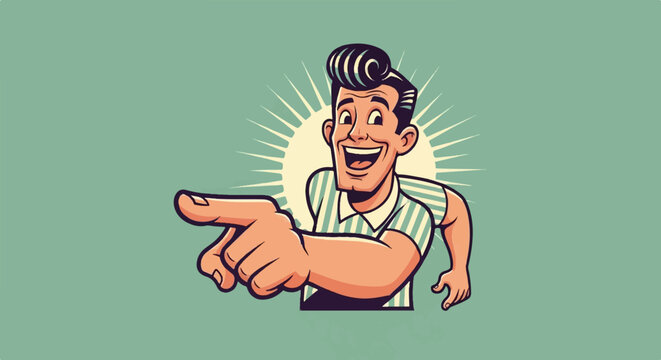Retro cartoon man with pompadour hairstyle points forward, smiling broadly with a cheerful expression
