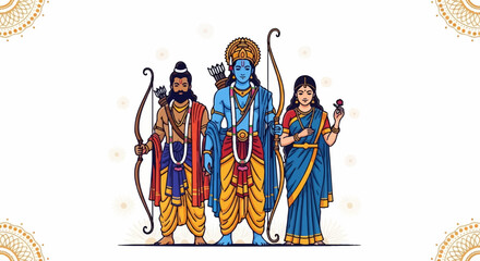 Obraz premium Three figures in traditional attire a blue-skinned man with a crown, another man with a bow, and a woman with a flower