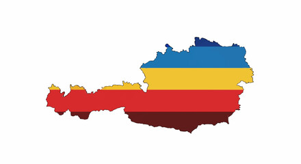 Fototapeta premium Map outline filled with horizontal stripes of blue, yellow, red, and dark red colors on a white background