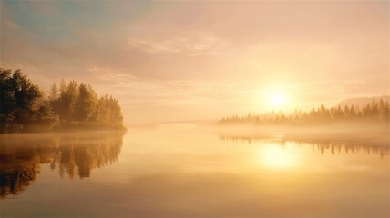 Obraz premium Serene sunrise on calm river. Artificial intelligence image