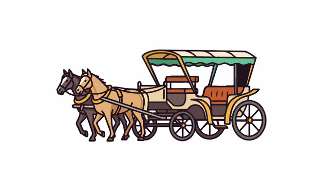 An illustration of two horses pulling a traditional passenger carriage with a canopy on a white background