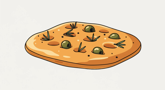 Cartoon focaccia bread with green olives and rosemary herbs, baked golden brown, simple white background