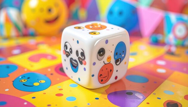 An oversized novelty die featuring various cartoonish faces and playful expressions sits on a vibrant, patterned surface, ready for a fun game.