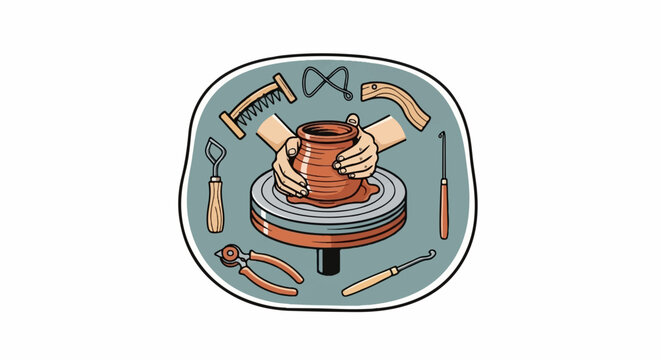 Illustration of hands shaping clay on a potter's wheel, surrounded by various pottery tools