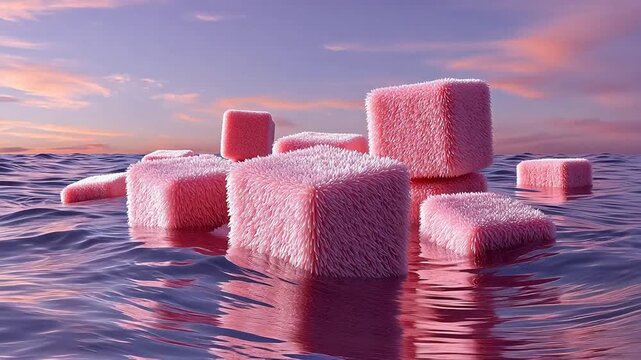 Pink fuzzy cubes in water