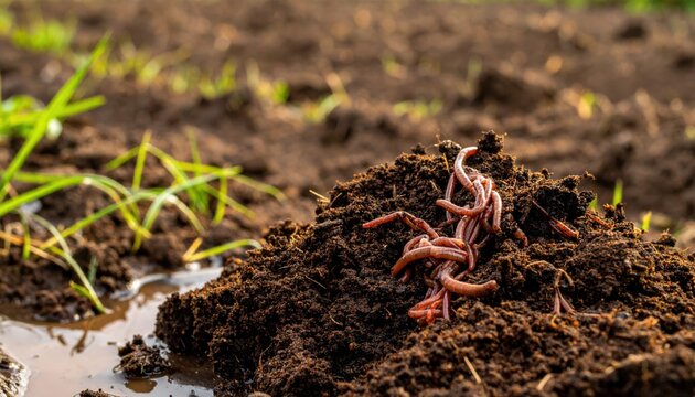 Close up of rich dark soil teeming with earthworms highlighting its biological activity and natural organic content