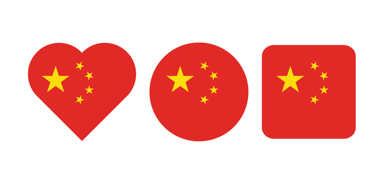 Official Flag of China Icon Set &ndash; Heart, Circle and Rounded Square Shapes