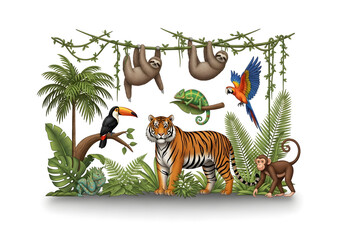 Fototapeta premium Vibrant illustration of diverse jungle wildlife including a tiger, monkeys, toucans, sloth, and parrot surrounded by tropical plants and palm trees.
