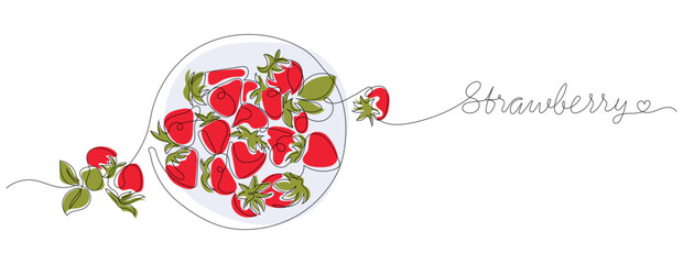 Continuous line drawing of fresh strawberries in a bowl with red color accents and handwritten text minimalist berry fruit illustration. © Walija
