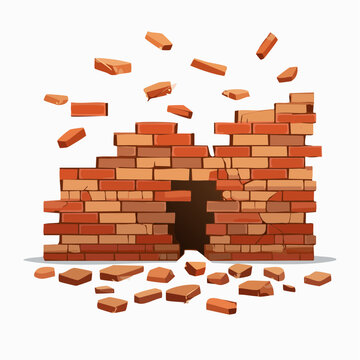Demolished brick wall with debris flying through the air