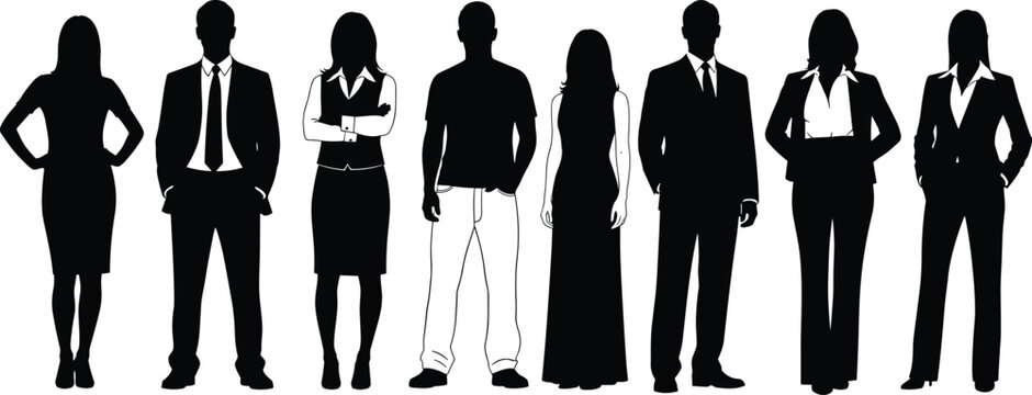 Professional diverse group of business people silhouettes standing together in formal suits representing corporate leadership team success career growth and global company partnership.