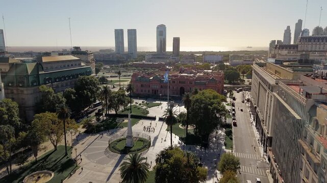 Drone Dolly In Toward Casa Rosada and Plaza de Mayo in Buenos Aires