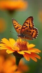 Obraz premium Small comma butterfly with orange patterned wings rests on yellow flower petals. Insect drinks nectar in garden. Closeup macro shot of nature wildlife in summer.