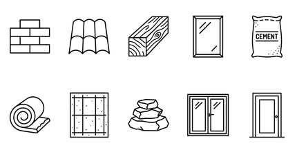 Fototapeta premium A collection of black line art icons representing various construction materials on a white background, ideal for design projects.