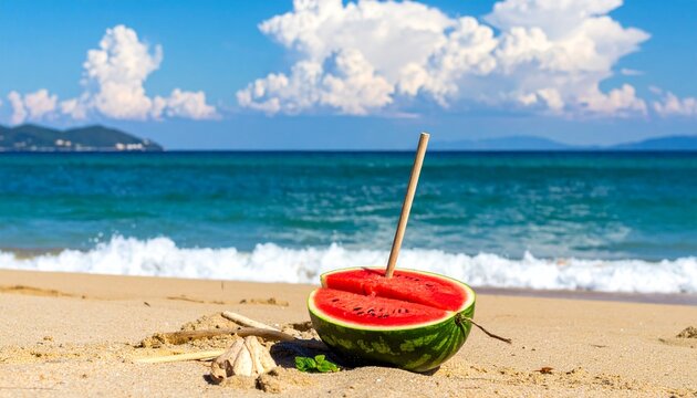 浜辺でスイカ割りをしている写真