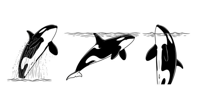 Orca Whales in Various Poses Black and White Drawings