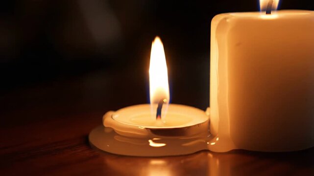 Close up of lit candles with dripping wax in dim lighting