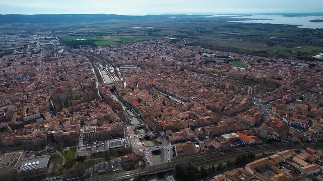 Aerial view beside the old town of the city Narbonne in France on a sunny day in early spring