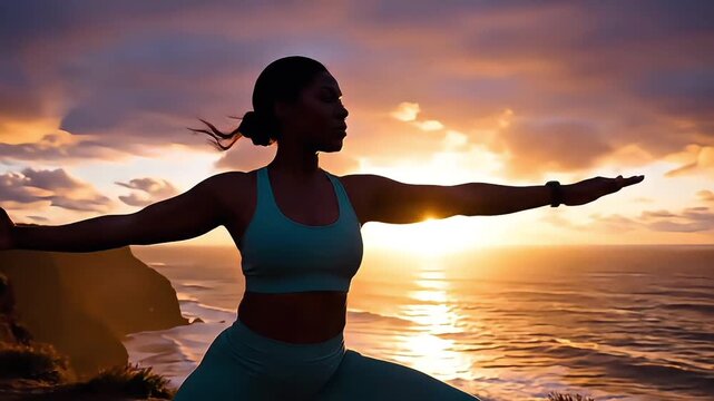 woman doing yoga on the beach with sunset surya namaskar