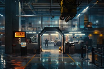 Fototapeta premium Futuristic Industrial Facility Interior with Advanced Technology and Robotic Elements.
