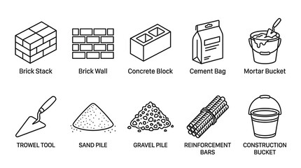Fototapeta premium A clean line art illustration displays various essential construction materials and tools, including bricks, cement, sand, and trowels, perfect for architectural or DIY projects.