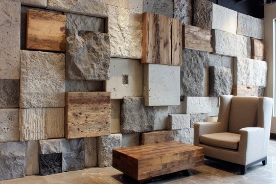Modern Interior Design with Textured Stone and Wood Wall and Contemporary Furniture.