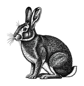 Vector of a sitting rabbit with long ears and a fluffy tail against a white background