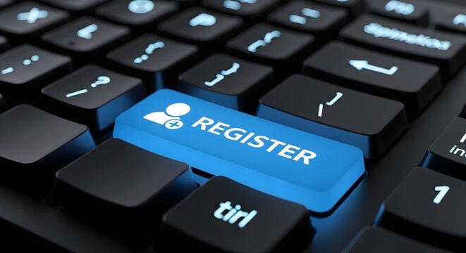 A close-up of a computer keyboard with a blue register button highlighted.