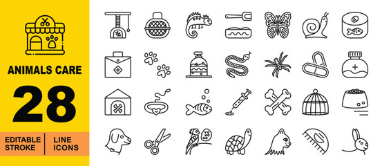 Pet Care, Exotic Animals, and Veterinary Supplies Line Icons. Editable stroke icons for pet shops and grooming services. Featuring iguanas, parrots, turtles, snakes, spiders, pet medication, bird cage © Neko funny