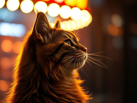A feline muse contemplates the tempest, bathed in golden hues, focus sharp on fur, world blurred,  golden hour,  warmth